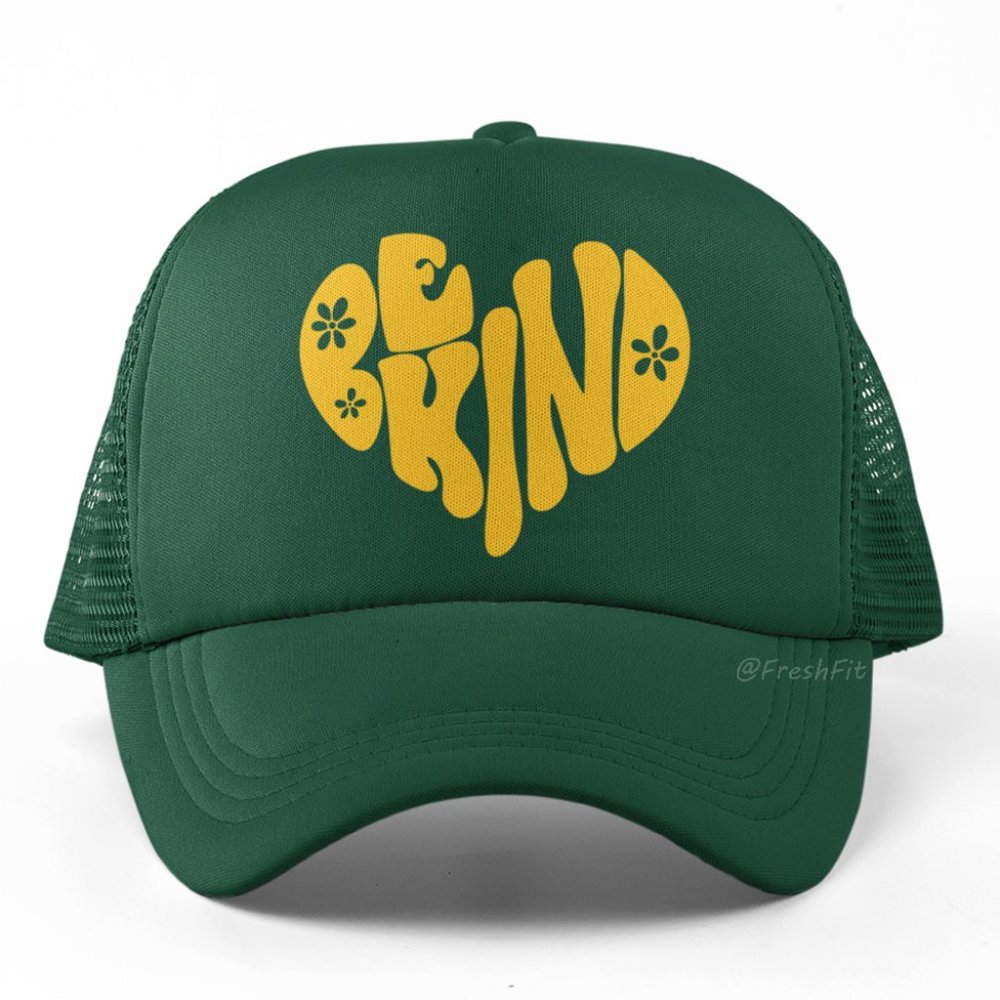 🆕Be Kind Heart Boho Hippie Groovy Dark Green Foam Trucker Hat Mesh Snapback Cap